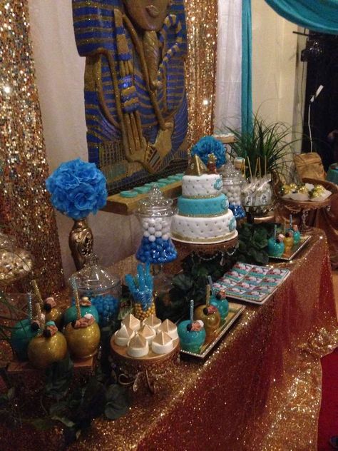 Egyptian Baby Shower Party Ideas | Photo 17 of 22 Egyptian Baby Shower Theme, Egyptian Themed Party, Egyptian Party, Egyptian Wedding, Egyptian Theme, Baby Shower Gift Bags, Prom Themes, Royal Baby Showers, Prince Baby Shower