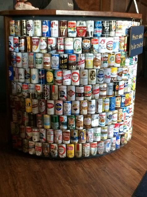 Decorating with your beer can collection. Bar ideas. Beer Can Collection Display Ideas, Beer Can Projects, Diy Beer Cans Ideas, Old Beer Cans Ideas, Beer Can Display Ideas, Beer Can Art Ideas, Beer Can Ideas, Beer Cans Crafts Ideas, Beer Can Crafts