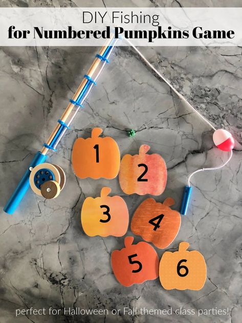 DIY Fishing for Numbered Pumpkins Game Fishing Party Games, Diy Fishing Game, Pumpkin Fish, Halloween Toddler Party, Halloween Diy Kids, Fishing Games For Kids, Fall Party Games, Fall Festival Games, Kindergarten Party