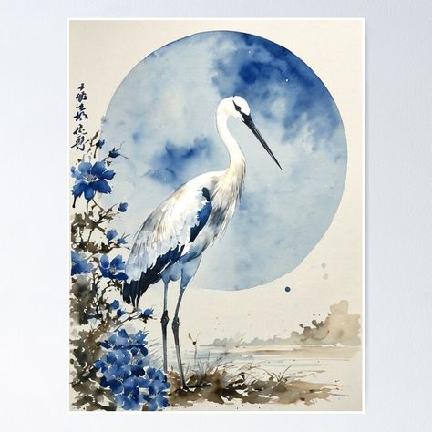 Get my art printed on awesome products. Support me at Redbubble #RBandME: https://www.redbubble.com/i/poster/Japanese-Vintage-Crane-Watercolor-Painting-With-Blue-Moon-by-Arwen-Art/165081752.LVTDI?asc=u Crane Watercolor, Poster Japanese, Moon Poster, Japanese Vintage, Blue Moon, Vintage Japanese, Japanese Art, Watercolor Painting, Sale Poster