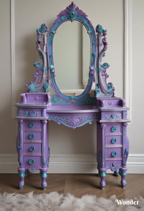 Blue And Purple Furniture, Purple Vanity Ideas, Purple Furniture, Weird Furniture, Whimsical Bedroom, Whimsical Painted Furniture, Fantasy Furniture, Whimsical Furniture, Vanity Ideas