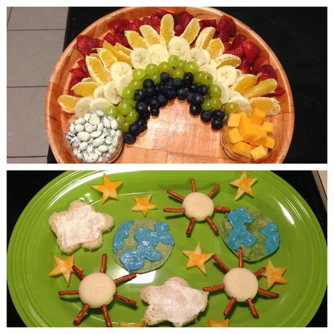 Montessori birthday treats. Earth snack, star snack, cloud snack, sun snack Science Snacks, Science Snack, Montessori Birthday, Vbs Snacks, Star Snacks, Space Week, Themed Snacks, Snacks Kids, Preschool Weather