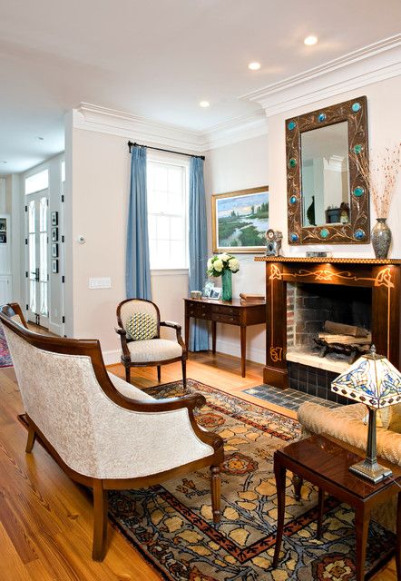 22 Classy Art Nouveau Interior Design Ideas I LIKE THE MOTIF ON THE FIREPLACE (THOUGH I THINK THE FIREPLACE LOOKS TOO SKIMPY) AND I THINK I'D REALLY LIKE THAT MIRROR IN PERSON. Townhome Living Room, Nouveau Interior Design, Art Nouveau Interior Design, Art Nouveau Living Room, Boston Living Room, Traditional Family Room, Art Nouveau Interior, Design Art Nouveau, Deco Living Room