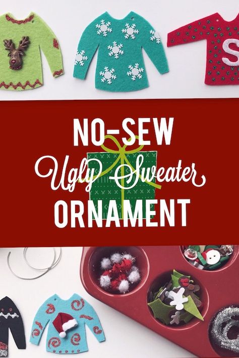 Create an adorable no sew ugly sweater ornament with simple arts and crafts supplies perfect for gift giving, hostess gifts, or gift tags. #christmascrafts #uglychristmassweater Ugly Sweater Ornaments, Christmas Ornaments Easy, Christmas Diy's, Simple Arts, Rustic Crochet, Ugly Christmas Sweater Ornament, Gs Swaps, Sweater Ornaments, Diy Christmas Sweater