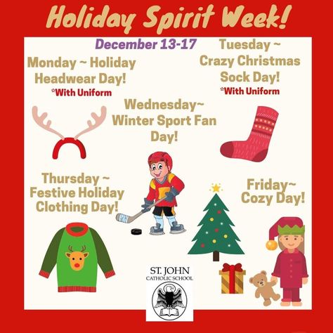 Christmas Spirit Day Ideas, Christmas Spirit Week Ideas For Kids, Spirit Days For School, Celebrity Spirit Week Ideas, Christmas Dress Up Days, Christmas Spirit Week, Holiday Spirit Week, Spirit Week Ideas, Spirit Day Ideas