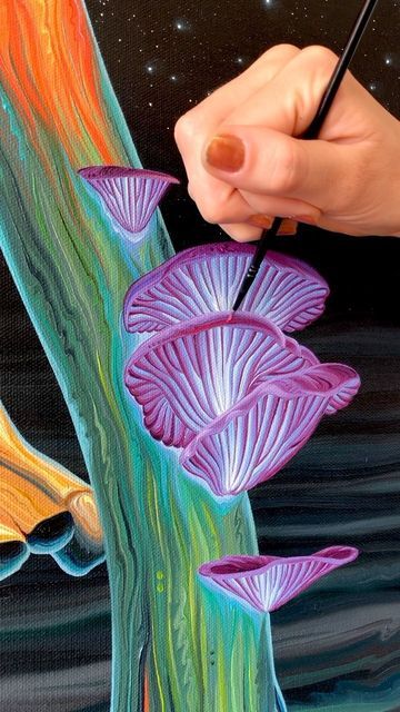 Colorful Mushrooms Art, Mushroom Paintings Acrylic, Fairy Mushroom Art, Silver Francis Art, Whimsical Flower Art, Mushroom Drawing Colorful, Mushroom Painting Tutorial, Mushroom Painting Ideas On Canvas, Cool Art Paintings Trippy