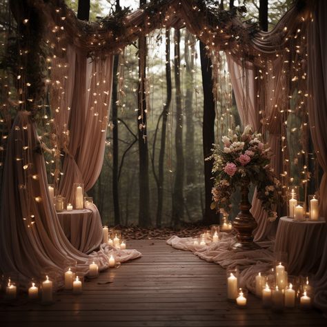 Whimsical Wedding Forest, Wood Fairy Wedding, Victorian Forest Wedding, Fall Wedding In Woods, Brown Green Wedding Theme, Rustic Fantasy Wedding, Green Brown Wedding Theme, Forrest Weddings Decoration, Fall Wedding In The Woods