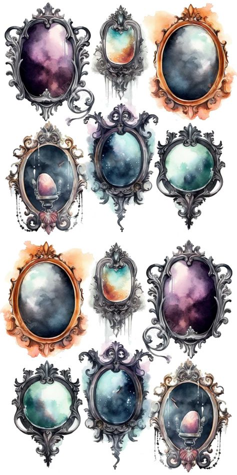 Whimsical, watercolor painted mirrors Mirror Png, Standing Mirrors, Gothic Antique, Gothic Mirror, Mirror Illustration, Gothic Elegance, Mirror Reflection, Magic Mirror, Mirror Painting