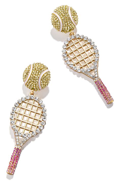 Serve movement and shine with crystal-detailed drop earrings featuring tennis balls and rackets. 2 1/8" drop; 5/8" width Surgical steel post back Goldtone plate/glass/enamel Imported Tennis Accessories, Baublebar Jewelry, Bead Ideas, Tennis Balls, Steel Post, Stacked Jewelry, Jewelry Lookbook, Earrings In Gold, Curvy Fashion