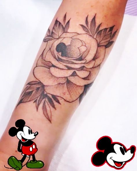 Rose tattoo with a hidden Mickey❤️ Disney Rose Tattoo, Hidden Mickey Flower Tattoo, Hidden Mickey Tattoo Ideas, Disney Flowers Tattoo, Disney Forearm Tattoo, Disney Cover Up Tattoos, Floral Disney Tattoo, Disney Flower Tattoo, Disney Floral Tattoo