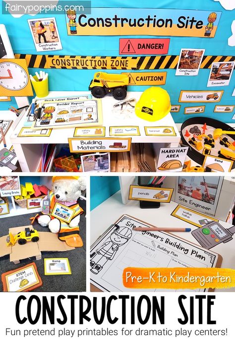 This construction site dramatic play center helps kids engage in pretend play and develop STEM skills. It includes printables for areas such as a construction site, building zone, box construction and tinkering table. #constructionsite #constructiontheme #constructiondramaticplay #communityhelper #dramaticplay #pretendplay #dramaticplaycenter #pretendplaycenter #blockcenter #stemchallenge #blockplay #preschool #prek #kindergarten #kidsplay #learnthroughplay #playideas #looseparts Construction Dramatic Play, Store Dramatic Play, Fairy Poppins, Pretend Play Printables, Preschool Construction, Play Preschool, Play Printables, Dramatic Play Printables, Dramatic Play Center