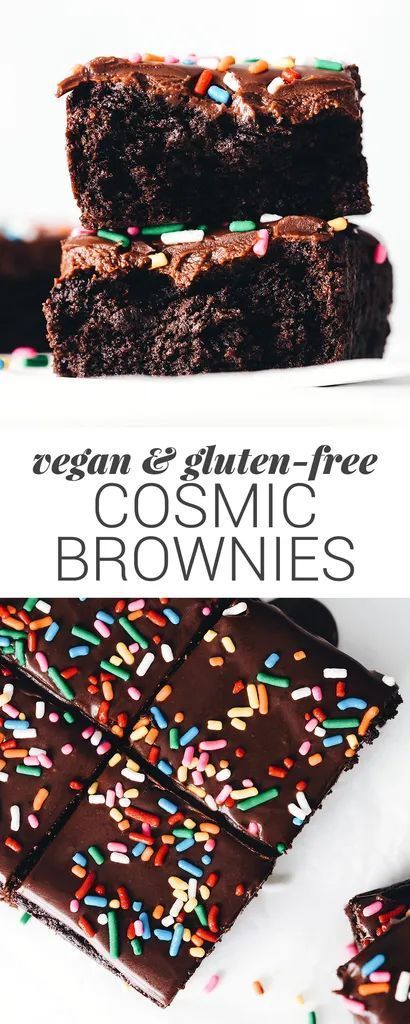 9 reviews · 40 minutes · Vegetarian Gluten free · Makes 8 brownies · Healthier homemade Cosmic Brownies! Fudgy flourless brownie, chocolate ganache, and iconic rainbow sprinkles. Childhood fun meets grown up decadence! Healthy Vegan Dessert, Feasting On Fruit, Cheesecake Vegan, Cosmic Brownies, Low Carb Snack, Vegan Brownie, Desserts Vegan, Vegan Dessert Recipes, Vegan Treats