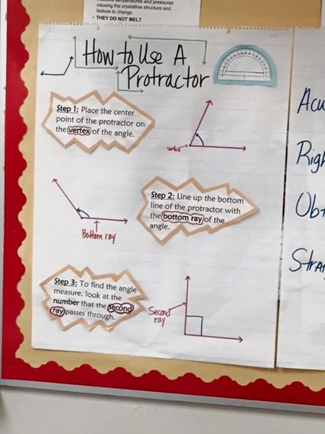 Using a Protractor Anchor Chart - South Belt ES Measure Angles, Math Vocabulary Words, Geometry Vocabulary, Saxon Math, Math Enrichment, Maths Resources, Grade 6 Math, Math Charts, Kids Math