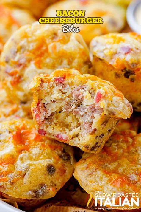 Bacon Cheeseburger Bites, Cheeseburger Cups, Cheeseburger Bites, Double Bacon Cheeseburger, Burger Bites, Slow Roasted Italian, Chicken Parmesan Meatballs, Parmesan Meatballs, Double Cheeseburger