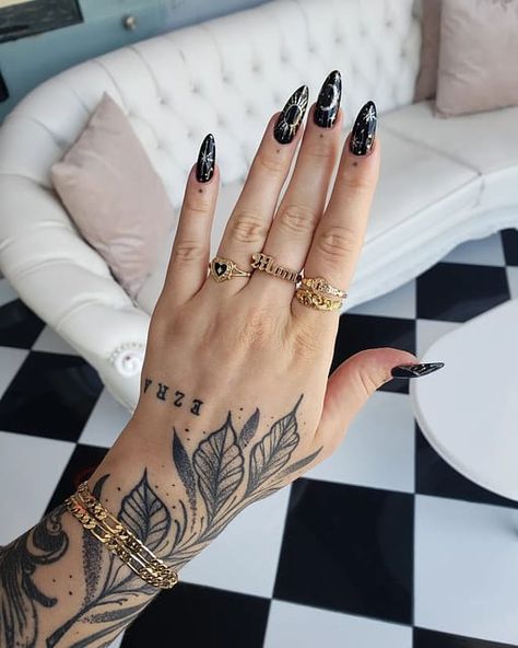 Womens Hand Tattoos Beautiful, Tattooed Hands With Nails, Hand Female Tattoo, Nails With Hand Tattoos, Wrist Into Hand Tattoo, Women’s Hand And Wrist Tattoo, Hand Leaf Tattoos For Women, Wrist Thumb Tattoo, Sleeve To Hand Tattoo