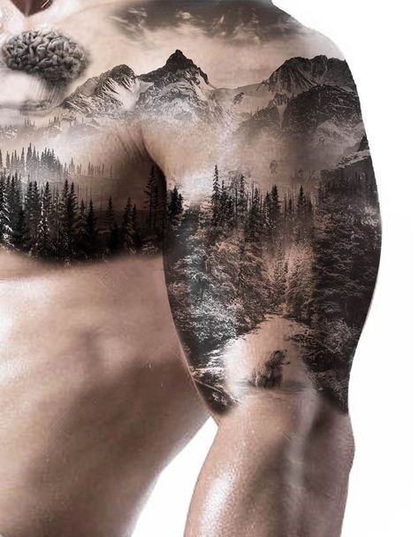 Men Chest And Shoulder Tattoo, Landscape Chest Tattoo, Nature Thigh Tattoos Men, Mens Nature Tattoo Ideas, Chest Nature Tattoo, Nature Half Sleeve Tattoo Men, Nature Scene Tattoo Men, Forest Shoulder Tattoo Men, Wood Tattoo Sleeve