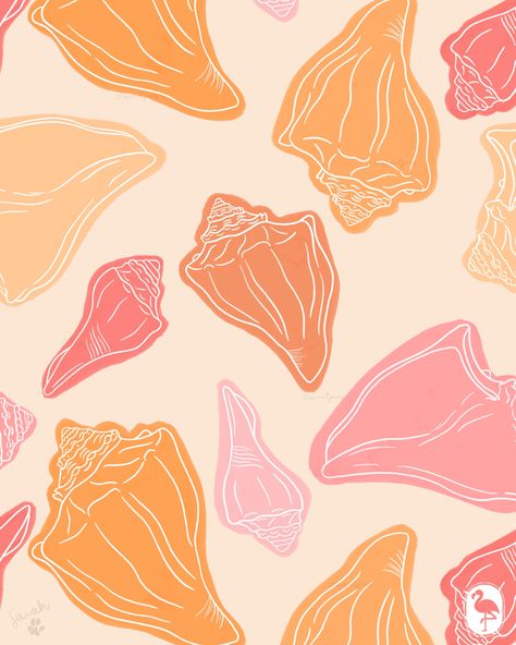 A conch shell seamless pattern inspired by Conch shell found in Florida. #conchshell #shellpattern #surfacepatterndesign #patterndesign #surfacedesign #illustration #tropicalillustration #beachart Shell Pattern Illustration, Conch Shell Illustration, Ocean Packaging, Surf Pattern, Shell Illustration, Sea Shell Pattern, Seashell Illustration, Shell Graphic, Reef Pattern