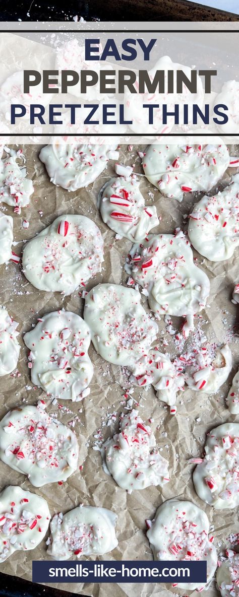 Peppermint Pretzel Thins are the quintessential holiday treat! Salty pretzel crisps get dipped in a subtle peppermint vanilla candy coating and then covered in crushed candy canes. This homemade festive pretzel treat is better than the store-bought version and is so easy to make! Peppermint Bark Pretzels Recipe, Peppermint Bark Pretzels, Pretzel Crisp Bark, Christmas Pretzel Treats Simple, Pretzel Thins Snacks, Peppermint Kiss Pretzels, Peppermint Pretzel Crisps, Peppermint Pretzel Bark, White Chocolate Peppermint Pretzels