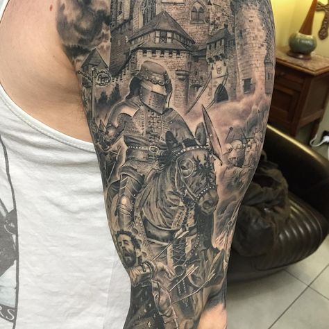 Knight Tattoos, Medieval Tattoos, Castle Tattoo, Heaven Tattoos, Medieval Tattoo, Knight Tattoo, Armor Tattoo, Tattoos Inspiration, Traditional Tattoo Sleeve