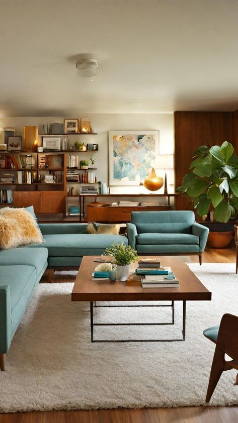 Midcentury Modern Blue Couch, Simple Mid Century Modern Living Room, Light Mid Century Modern Living Room, Mid Century Modern Cool Tones, Mid Century Modern Cabin Living Room, Mcm Couch Living Room, Mid Century Modern Lounge Room, Blue Mid Century Modern Living Room, Mid Century Modern Living Room Inspiration