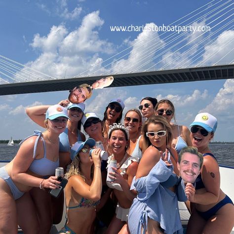 This bride was on cloud nine! We'd know! With over 100 bachelorette already booked this year, you could say they're kinda our thing. Our most popular is our 3-hour party boat cruises. Captain Cocktail boat can accommodate groups up to 22, while our Smile High boat can fit groups up to 15. Check availability via our link in bio! #captaincocktailcruises #waterexperience #boatcruise #charlestonbachelorette #maidofhonorduties #partyboat Bach Boat Day Theme, Duffy Boat Bachelorette, Bachelorette Catamaran, Bachelorette Boat, Beach Bachelorette Party Boat, Bachlorette Party Yacht, Charleston Bachelorette, Bachelorette Themes, Boat Party