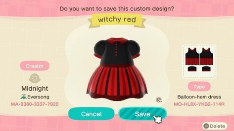 Acnh Red Dress Code, Animal Crossing Outfits, Acnh Fashion, Clothing Codes, Acnh Clothes, Animal Crossing Qr, Qr Codes, Dress Code, Hem Dress