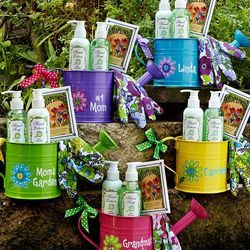 Personalized Cheerful Watering Can Garden Set $29.99 Garden Sets, Gardening Gift Baskets, Mothers Day Baskets, Cute Mothers Day Gifts, Church Gifts, Metal Watering Can, Gardening Gloves, Wildflower Seeds, Jar Gifts