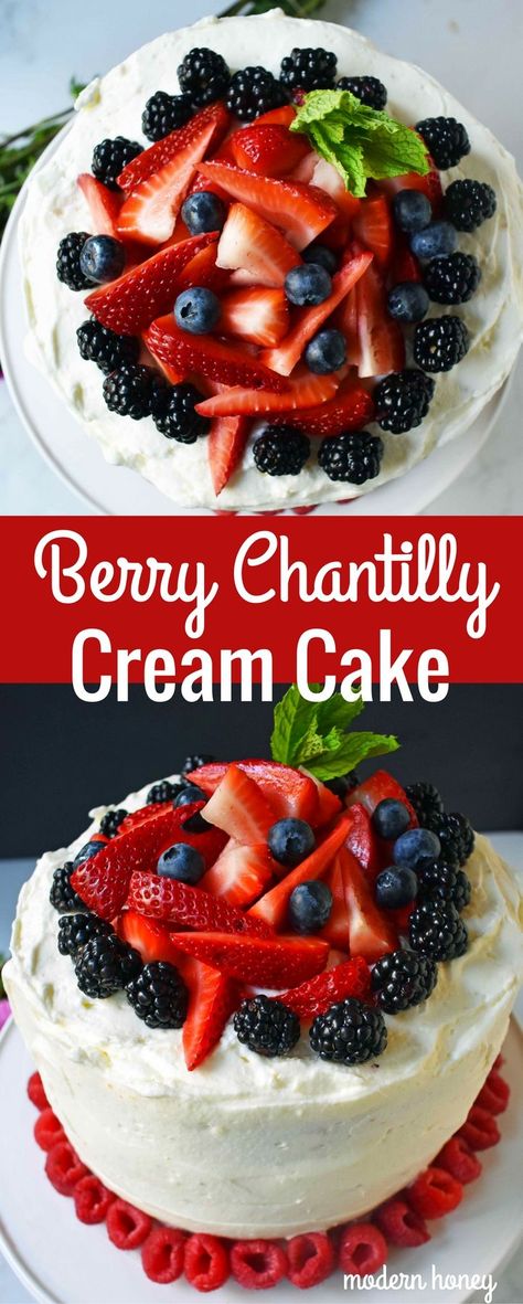 Berry Chantilly Cream Cake. Homemade 5 Star Rated Yellow Cake layered with chantilly cream frosting and fresh berries. A perfect Spring, Summer, or Mother's Day dessert. A gorgeous popular fresh fruit cake. www.modernhoney.com Chantilly Cream Cake, Cake Ideas Buttercream, Chantilly Cake Recipe, Cake Mothers Day, Mothers Day Cake Ideas, Mothers Day Desserts, Fresh Fruit Cake, Cake Light, Cake Homemade