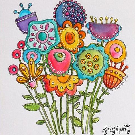 By Suzy Plant Ako Kresliť, Whimsy Flowers, Funky Flowers, Doodle Art Flowers, Wal Art, Happy Art, Flower Doodles, Zentangle Art, Arte Floral