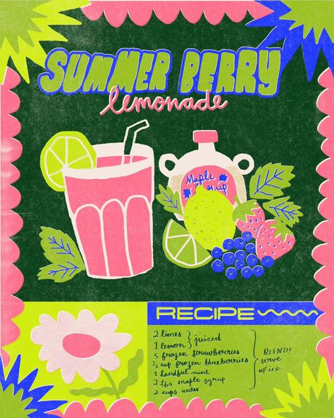 Cup Of Water Illustration, Lemonade Poster, Lemonade Illustration, Bazaar Ideas, Fresh Lemonade, Riso Print, Summer Berries, Mocktail Recipe, Recipes Vegan