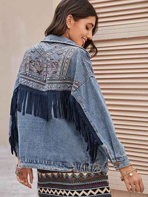 Fall Denim Jacket, Denim Coat Women, Boho Mode, Moda Denim, Festival Jacket, Stil Boho, Boho Jacket, All Jeans, Leopard Fashion