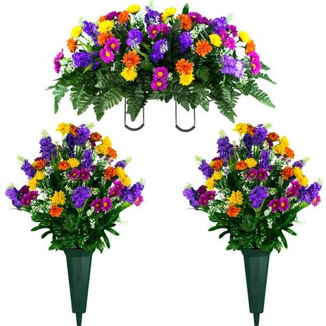 Sympathy Silks Artificial Cemetery Flowers 2 Purple Violet Wildflower Bouquets with vases & cemetery saddle - Walmart.com Orange Mums, Orange Wildflowers, Cemetery Vases, Grave Stones, Grave Flowers, Cemetery Decorations, Yellow Wildflowers, Silk Bouquet, Grave Decorations