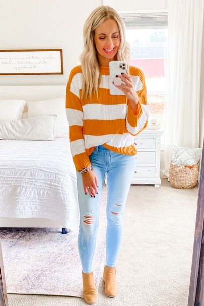 Yellow Striped Sweater Outfit, Amazon Knit, White Crochet Shirt, Ankle Boots Outfit Fall, Ankle Boots Fall, Boots Fall Outfit, Earth Tone Outfits, Striped Sweater Outfit, Fall Boots Outfit