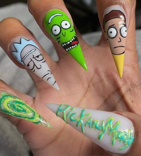 Art Rick And Morty, Cartoon Nail Art, Funky Nail Designs, Cartoon Nails, Crazy Nail Art, Witchy Nails, Art Deco Nails, Punk Nails, Nail Drawing