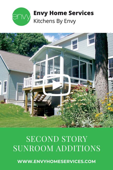 Second Story Sunroom Additions by Envy Home Services . . . #secondstorysunroom #2ndfloorsunroom #raisedsunroom #sunroomsbyenvy Sunroom Addition Exterior View, Screened In Second Story Deck, Second Story Sunroom Addition, Second Story Sunroom, Sunroom Addition Off Kitchen, Second Story Deck Ideas, Sunroom Additions, Second Floor Deck, Awning Roof