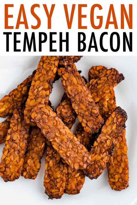 This easy tempeh bacon is marinated and baked to perfection. It's crisp and has a delicious savory and sweet flavor. #tempeh #tempehbacon #veganbacon #vegan #eatingbirdfood How To Cook Tempeh, Vegan Tempeh, Marinated Tempeh, Baked Tempeh, Tempeh Recipe, Tempeh Bacon, Tempeh Recipes, Sweet Potato Skins, Pork Bacon