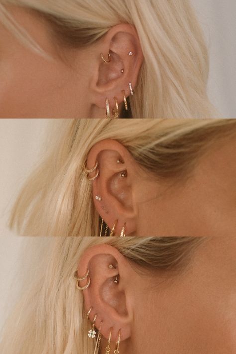 Earring Stacks Both Ears, Yellow Gold Ear Piercings, Ear Candy Gold, Left Vs Right Ear Piercings, Curated Piercing Ideas, Dainty Ear Styling, Multiple Ear Piercings Gold, Gold Curated Ear Piercing, White Gold Ear Curation