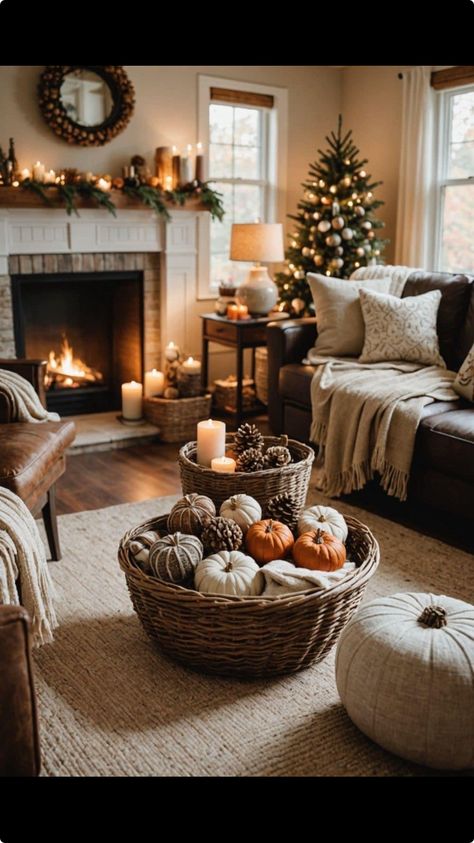 Fall Family Room Decorating Ideas, Fall Natural Decor, Living Room Fall Decorations, Fall Side Table Decor, Pumpkin Styling, Fall Home Decor Living Room, Winter Living Room Decor, Fall Living Room Ideas, Fall List