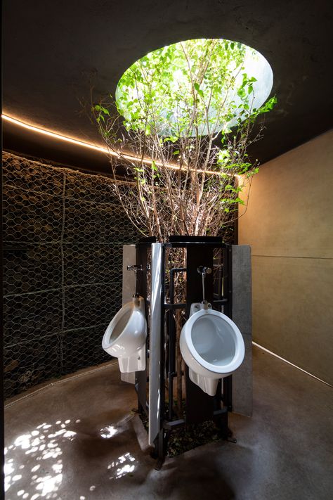 Public Restroom Design, Wc Design, Outdoor Toilet, Restroom Design, Gabion Wall, Wood And Concrete, Public Bathrooms, Washroom Design, Timber Beams