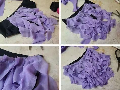 A 4 part image showing light purple ruffles pinned to the waist of a black brief. Sewing Dance Costumes, Dance Skirt Pattern, Dancewear Patterns, Spiral Skirt, Dance Diy, Rag Skirt, Waterfall Skirt, Belly Dance Skirt, Fairy Skirt