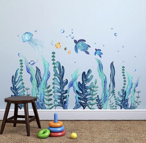 Amazon.com: 5 Sheets 3D Under The Sea Seaweed Wall Decals Sea Turtles Wall Stickers Ocean Grass Jellyfish Fish Removable Vinyl Wall Sticker for Kids Baby Bedroom Bathroom Living Room Wall Decoration : Baby Sea Murals, Ocean Mural, Animal Wall Decals, Hur Man Målar, Wall Stickers Bedroom, Aktivitas Montessori, Wall Stickers Kids, Sea Wall, Crafting Paper