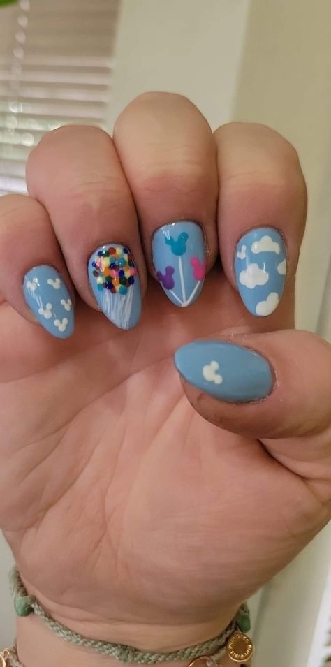 Disney Up inspired acrylic nail art Disney Up Nail Designs, Disney Nails Up, Up Disney Nails, Theme Park Nails, Pixar Nails Acrylic, Disney Nails Diy, Princess Disney Nails, Inside Out 2 Nails, Disney Stitch Nails