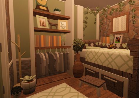 Custom Bed Bloxburg, Aesthetic Sage Green Bedroom, Bloxburg Custom Bed, Bloxburg Rp, Light Green Rooms, Aesthetic Sage Green, Bloxburg Layout, 50s House, Custom Wardrobe