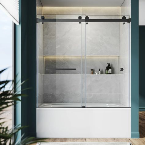 Unikoo 56" - 60" W x 66" H Sliding Frameless Tub Door | Wayfair Tub Shower Sliding Glass Door, Bathroom Shower Doors Bath Tubs, Tub With Frameless Glass Door, Bath Tub Sliding Glass Door, Bathtub Sliding Glass Door, Glass Shower Doors With Tub, Tub With Glass Enclosure, Tub Shower Combo With Glass Doors, Bathtub With Glass Door