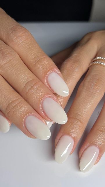 Milky White Dip Powder Nails, Almond Milky White Nails, Milky White Manicure, Milky White Almond Nails, Structured Manicure, White Almond Nails, White Manicure, Milky Nails, Gel Mani