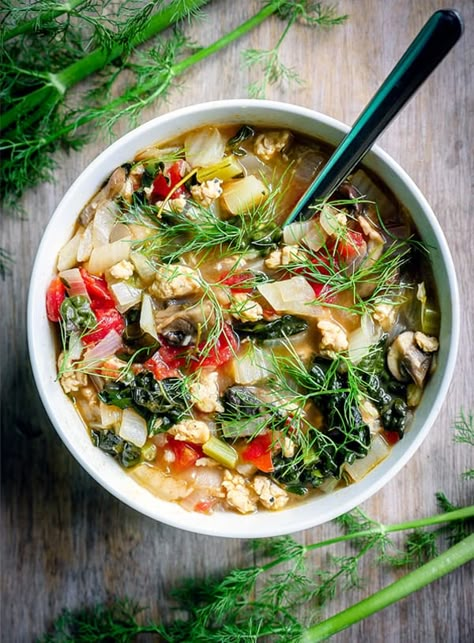 Over head shot of a white bowl of Chicken Sausage and Fennel Soup on a wooden table. Sausage And Fennel, Fennel Recipes Soup, Whole30 Soup Recipes, Whole30 Meals, Fennel Soup, Fennel Recipes, Paleo Soup, Healthy Meats, Sausage Soup