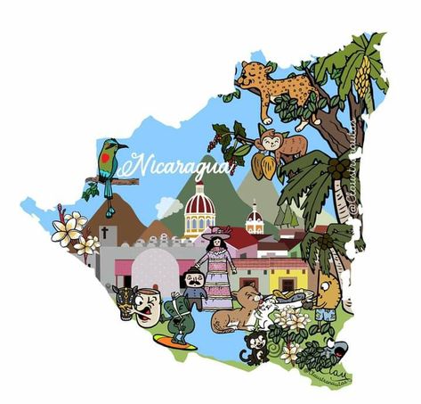 Recopilacion de diferentes dibujos dentro del mapa. Animales, arquitectura, naturaleza y comida #mapas #mapadenicaragua #nicaraguense #nacatamal #managua Nicaragua Culture, Managua, Nicaragua, Montessori, Diy Gifts, Places To Visit, Map, For Sale, Animals