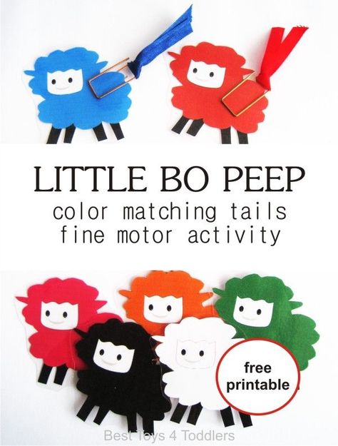 Little Bo Peep nursery rhyme activity for toddlers - color matching tails and fine motor skill activity, free printable with sheep in color and black and white included Motor Skill Activity, Rhyming Preschool, Nursery Rhyme Crafts, Nursery Rhymes Preschool, Nursery Rhyme Theme, Nursery Rhymes Activities, Activity For Toddlers, Rhyming Activities, Fairytale Nursery