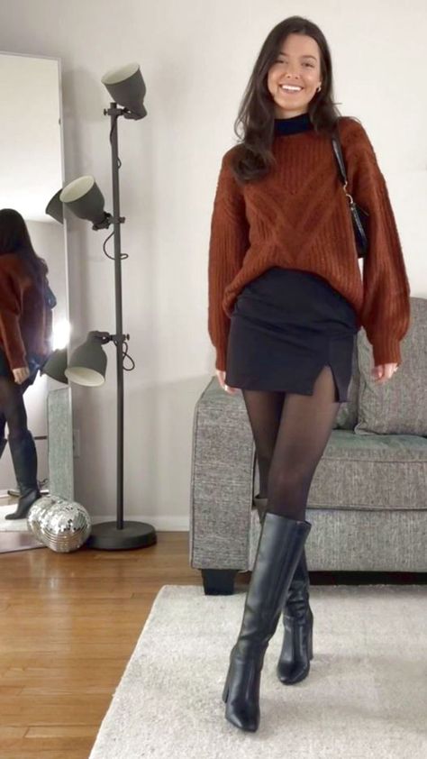 Tall Boot Skirt Outfit, Fall Brown Outfits Women, Fall Skirts And Boots, Lantern Festival Outfit Fall, Trendy Summer Work Outfits 2023, Mini Skirt And Tall Boots Outfit, Fall Outfits 2023 Boots, Aritzia Fall 2023, Work Christmas Party Outfit Curvy