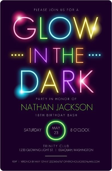 Neon Sweet 16, Dark Birthday Party, Neon Party Invitations, Glow In The Dark Birthday, Teen Birthday Invitations, Dark Birthday, Teenager Party, Glow In Dark Party, Neon Birthday Party